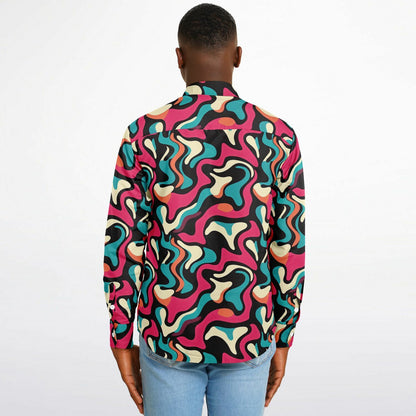 Red Blue Pattern Long Sleeve Button Down Shirt - AOP