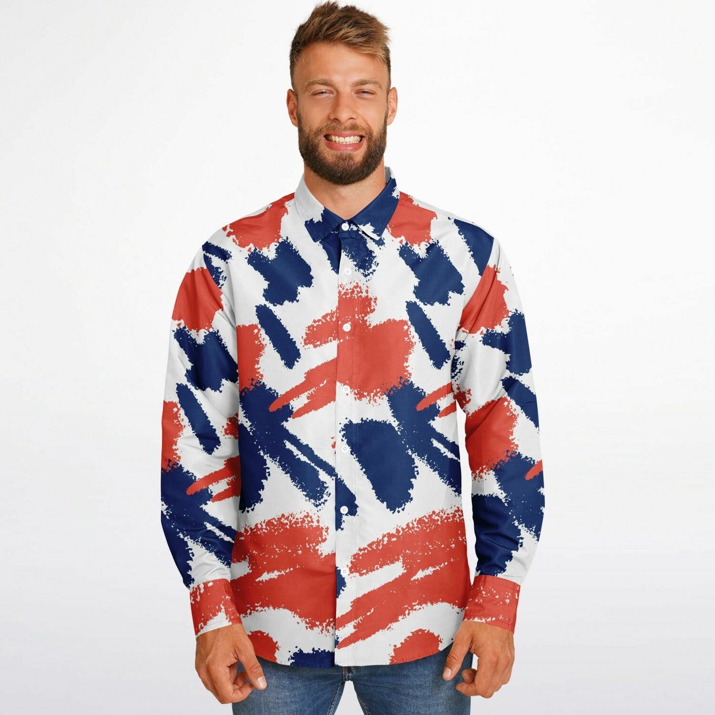 Red and Blue Brushstroke Long Sleeve Button Down Shirt - AOP