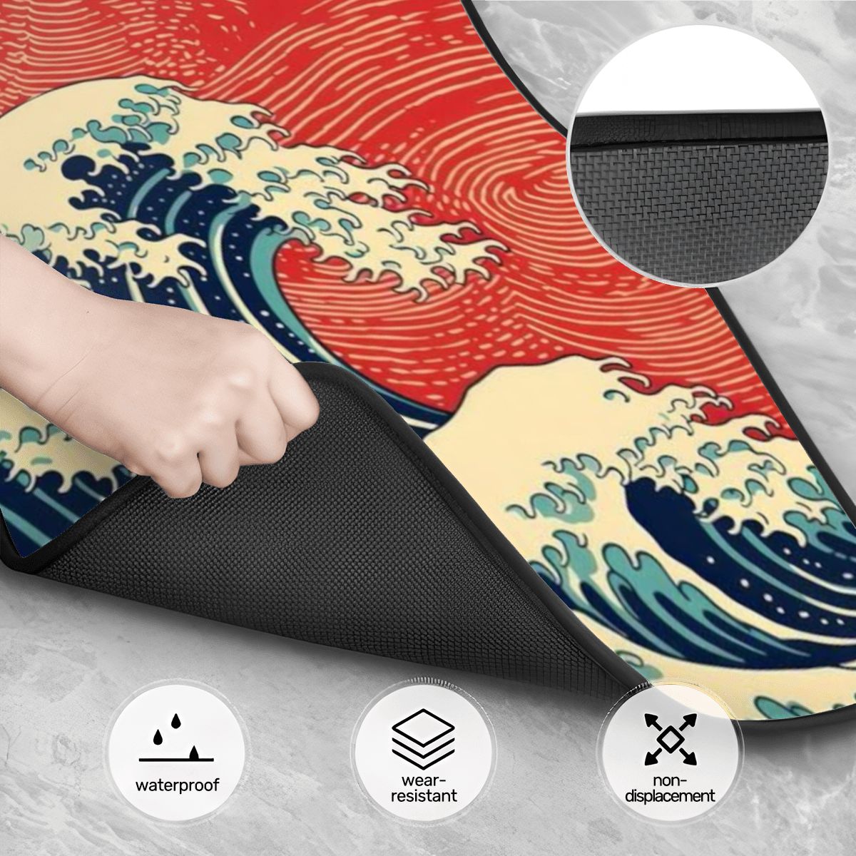 Decorative rug with wave design and black mat underneath, showing features like waterproof, wear-resistant, and non-displacement.