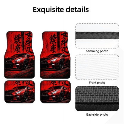 Red car-themed floor mats with black text and a black strap, shown from multiple angles.
