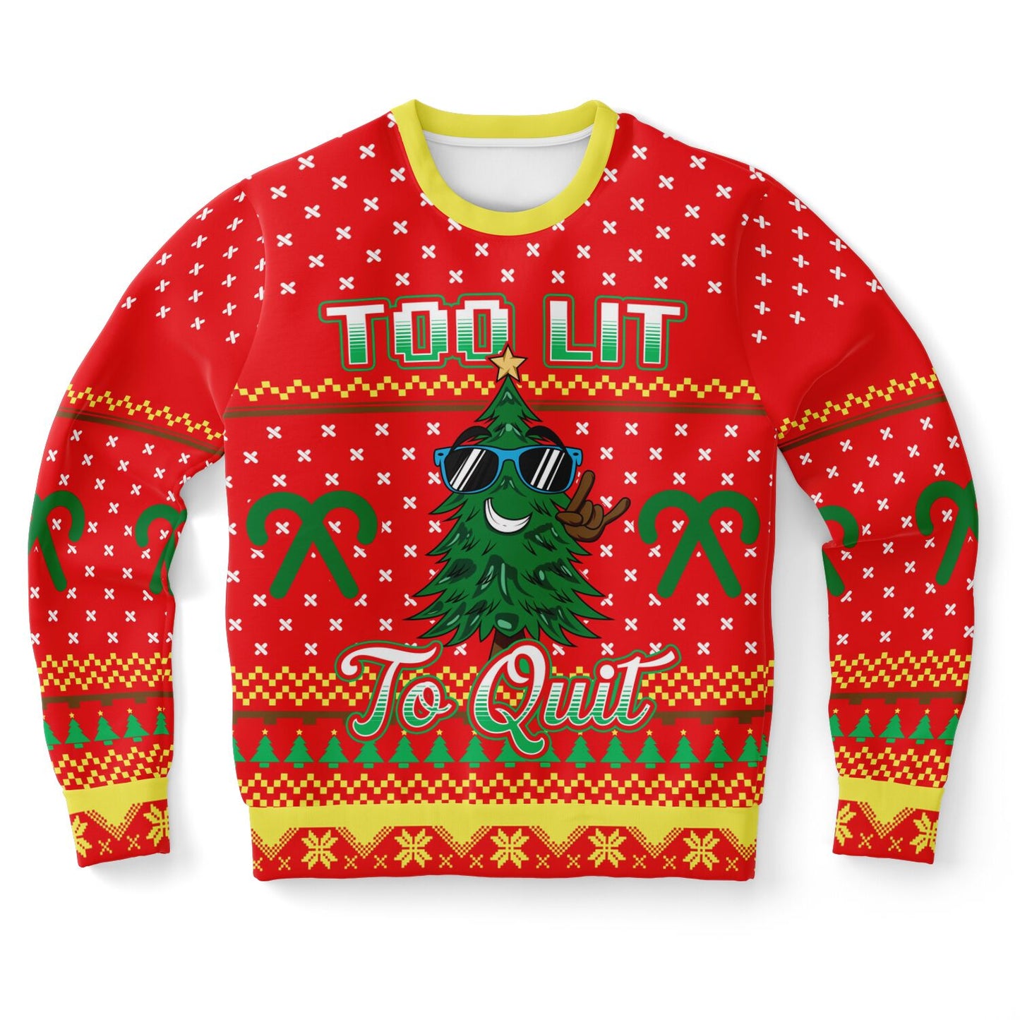Red Christmas sweater with festive design and text on a white background