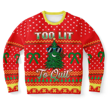 Red Christmas sweater with festive design and text on a white background