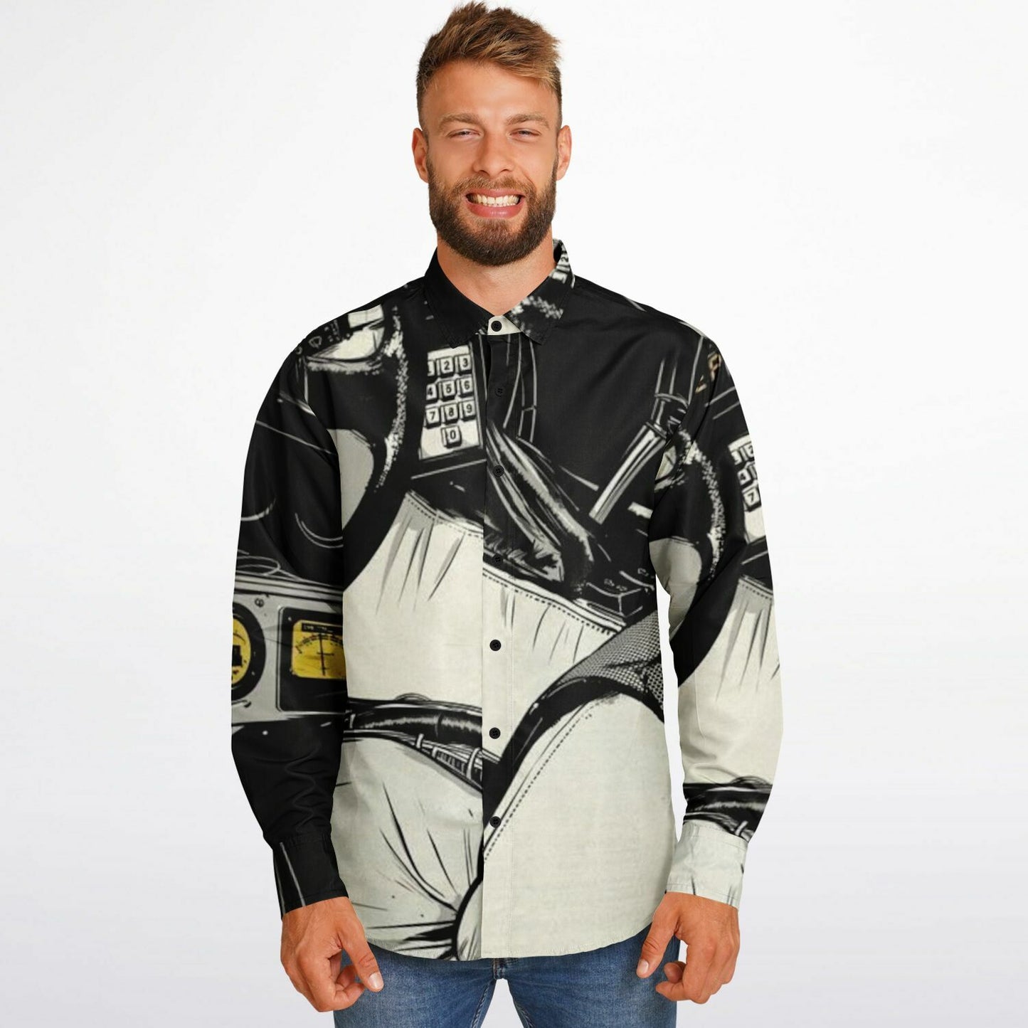 Delorean Time Machine Illustration Long Sleeve Button Down Shirt - AOP