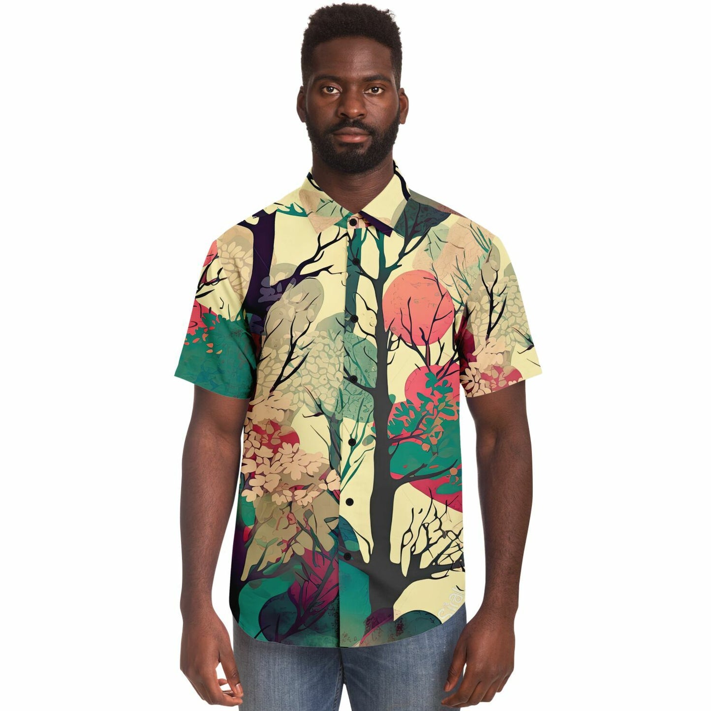 Forest Trees in Autumn Short Sleeve Button Down Shirt - AOP