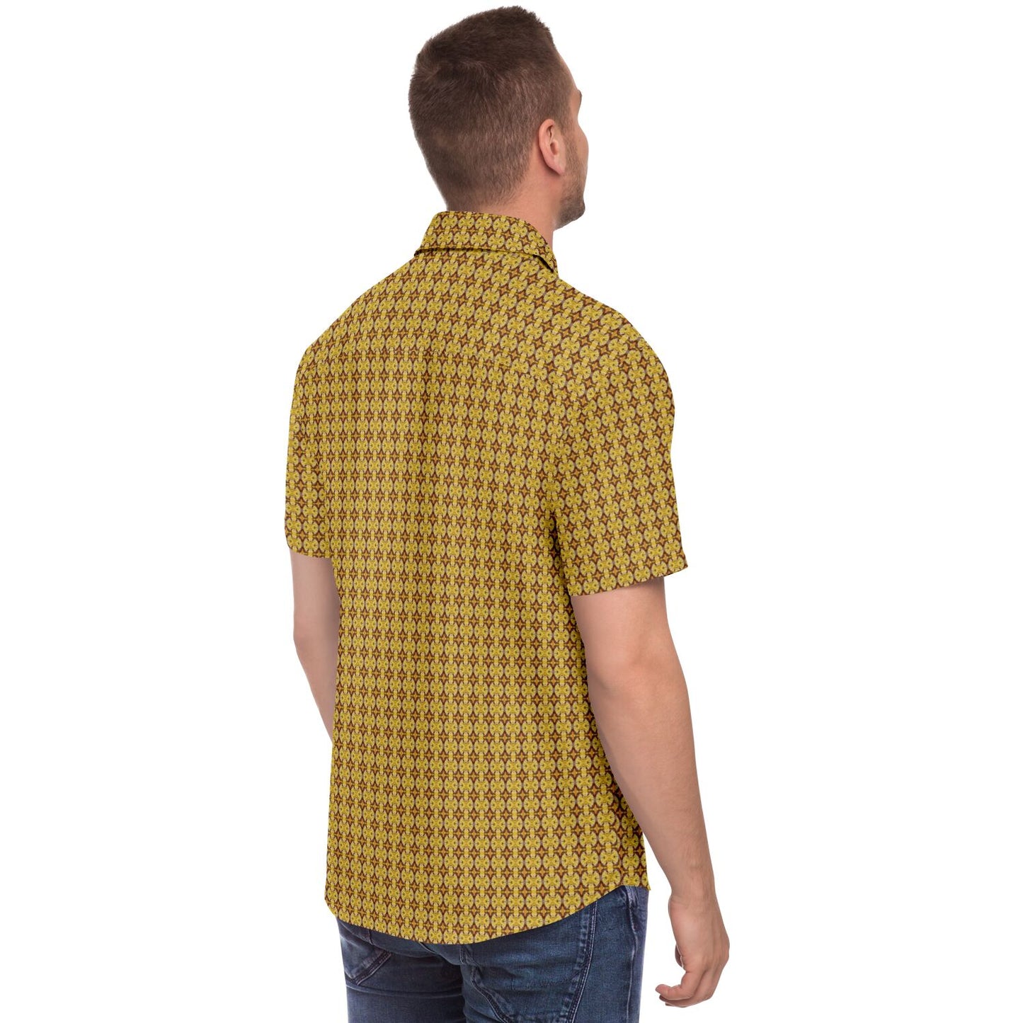 Unique Golden Pattern Short Sleeve Button Down Shirt - AOP