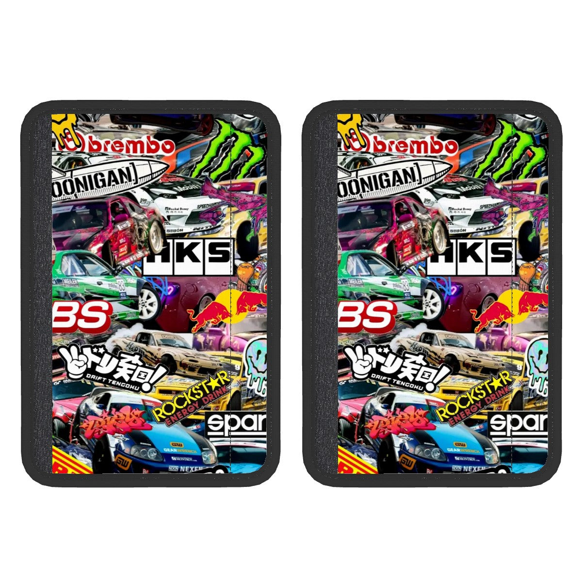 Two neoprene seat belt cover pads with a colorful car-themed print, featuring text and logos related to automotive brands and sports.