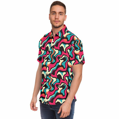 Red Blue Pattern Short Sleeve Button Down Shirt - AOP