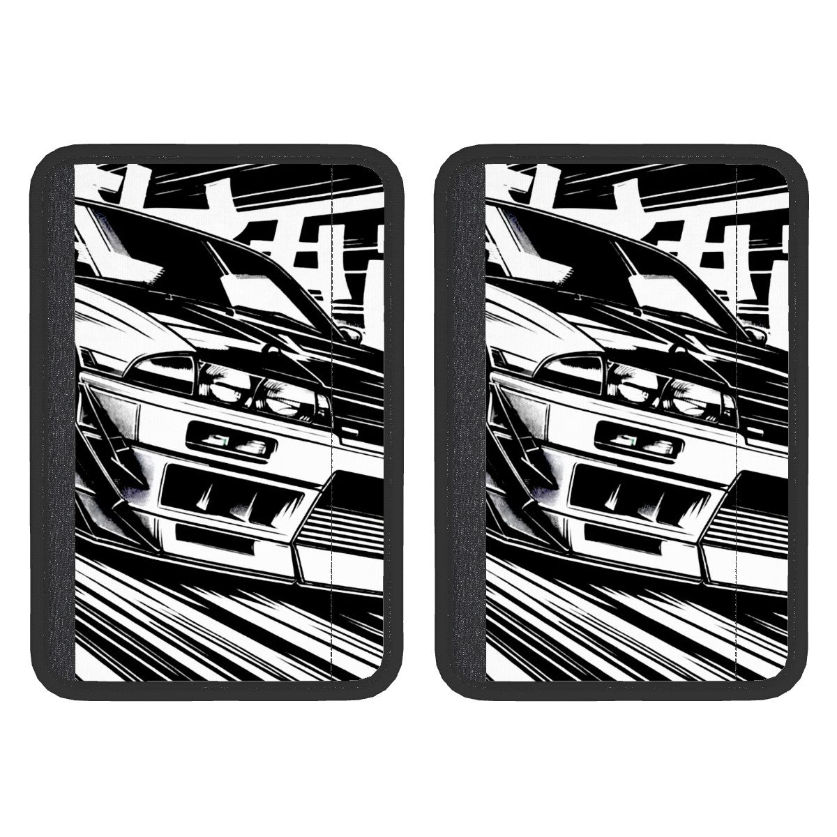 A pair of neoprene seat belt cover pads with a black and white car pattern, featuring a Velcro design for adjustability.