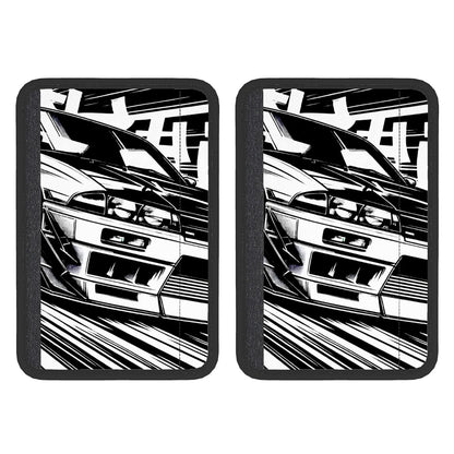 A pair of neoprene seat belt cover pads with a black and white car pattern, featuring a Velcro design for adjustability.