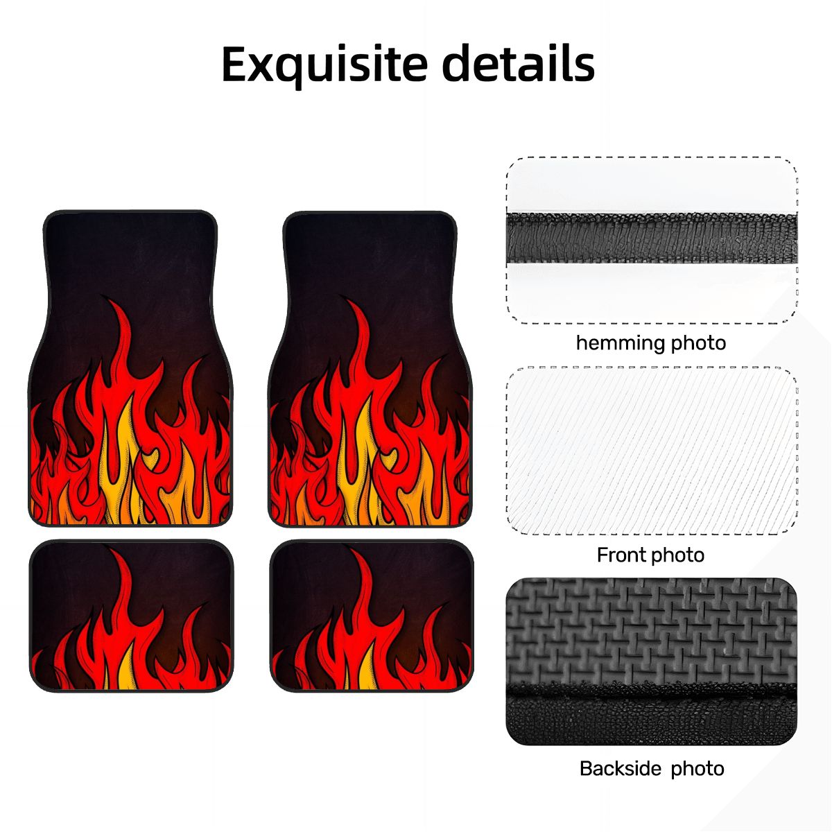 Car floor mats with flame design and detailed views of hemming, front, and backside on a white background.