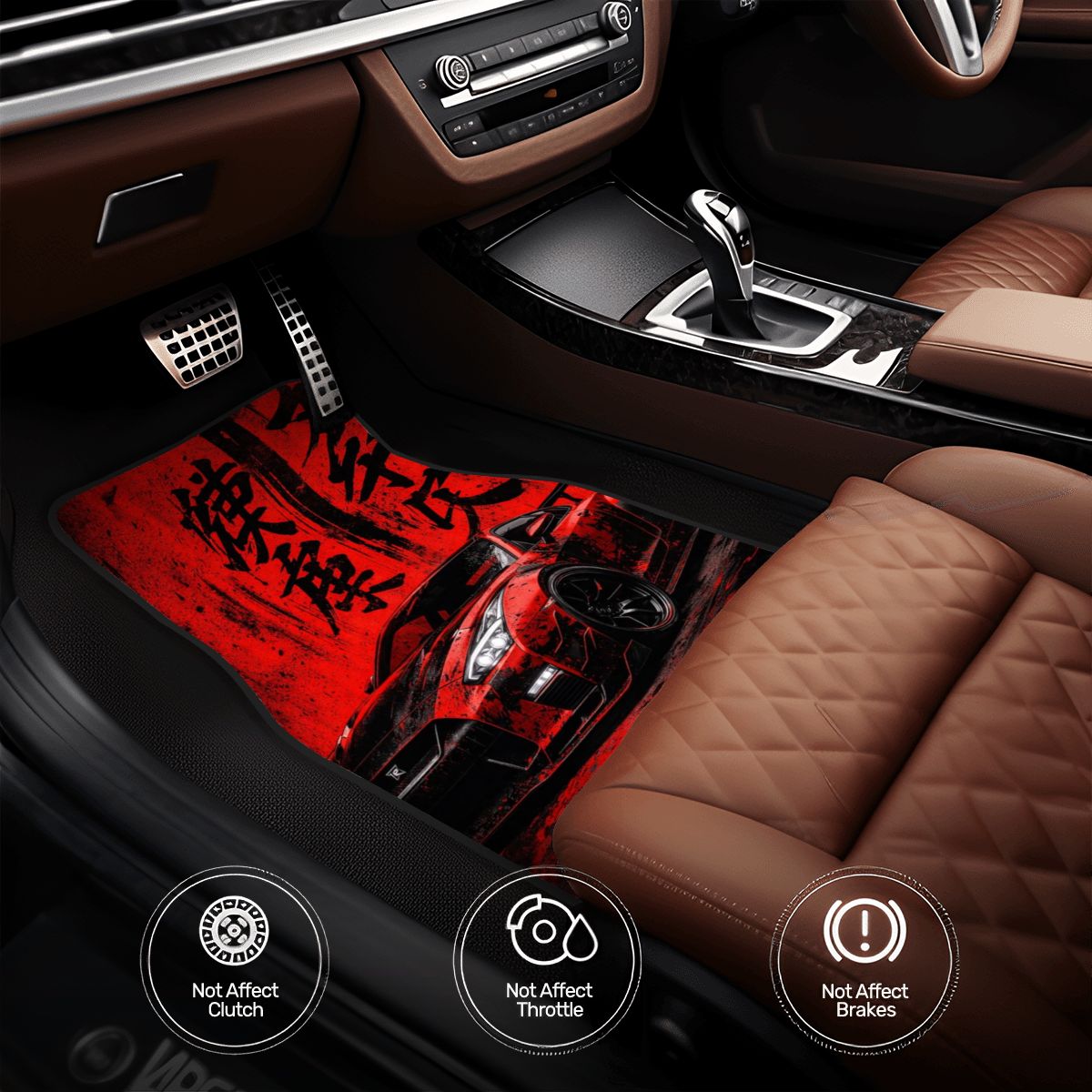 Car interior with red and black floor mat featuring a car design.