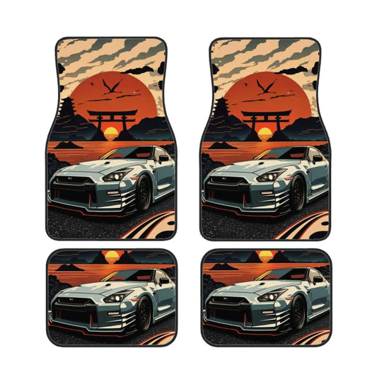 GTR illustration in the sunset car floor mats flat lay mockup image.