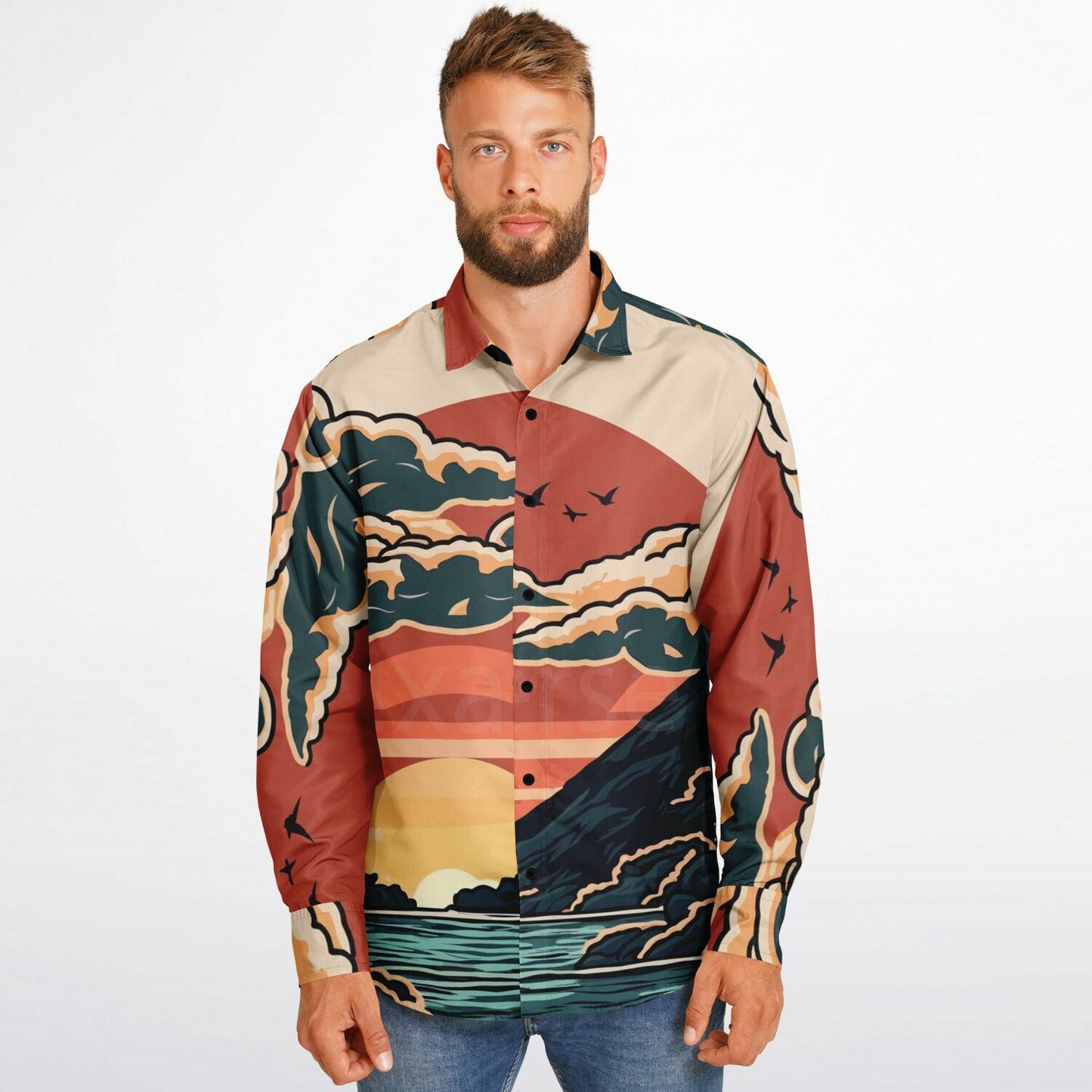 Evo X Illustration Long Sleeve Button Down Shirt - AOP