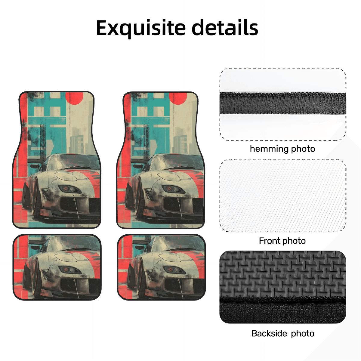 Car floor mats with a geometric design and hemming details on a white background.