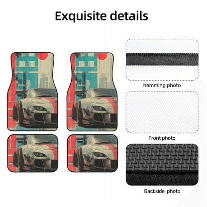 Car floor mats with a geometric design and hemming details on a white background.