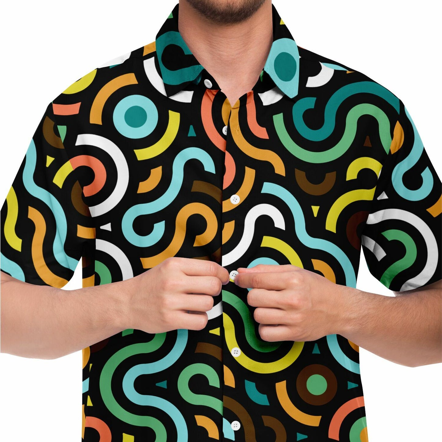 Colored Doodle Art Short Sleeve Button Down Shirt - AOP