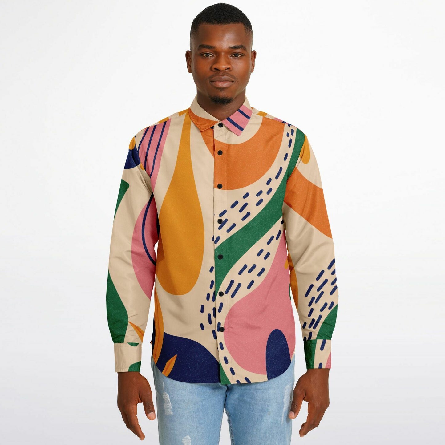 Abstract Artwork Long Sleeve Button Down Shirt - AOP