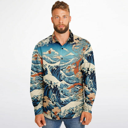 The Great Japanese Wave Artwork Long Sleeve Button Down Shirt - AOP