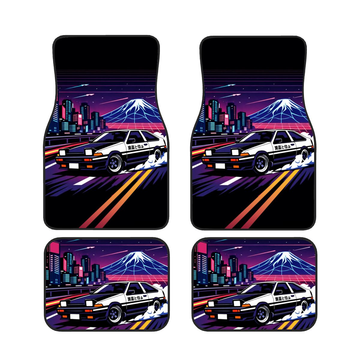 Four car floor mats with a retro car and mountain design on a white background