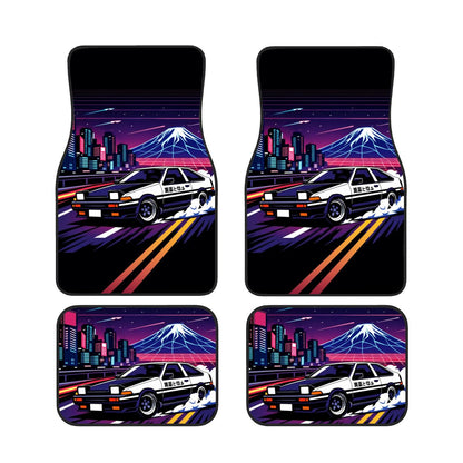 Four car floor mats with a retro car and mountain design on a white background