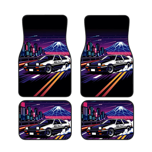 Four car floor mats with a retro car and mountain design on a white background