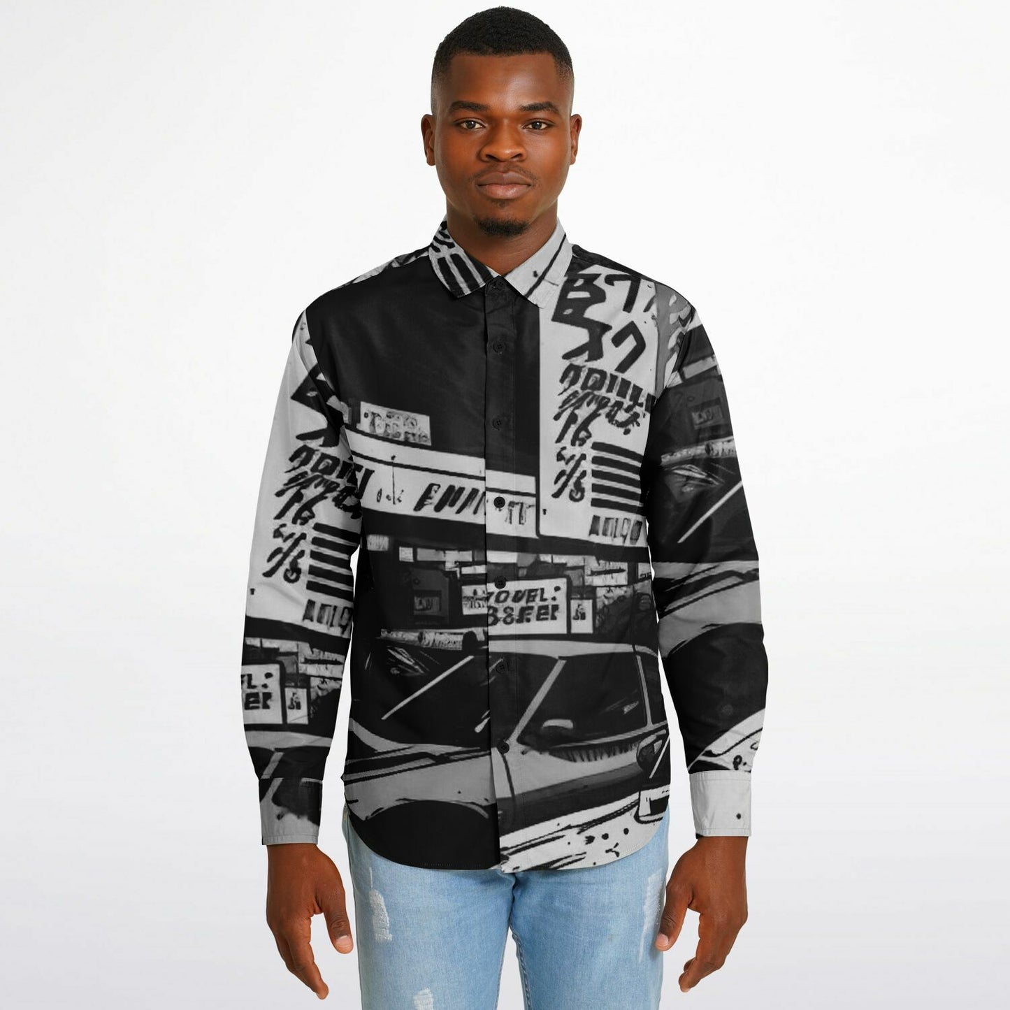 Black and White JDM Art Long Sleeve Button Down Shirt - AOP