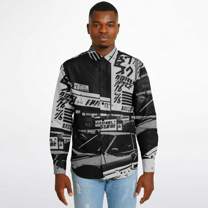 Black and White JDM Art Long Sleeve Button Down Shirt - AOP