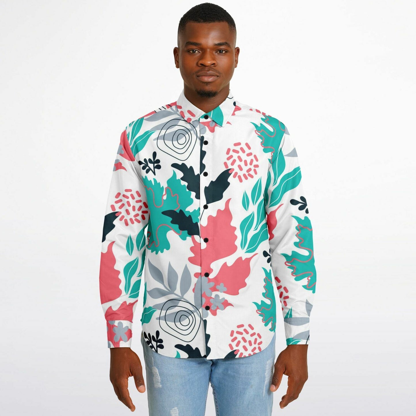 Floral Artwork Long Sleeve Button Down Shirt - AOP