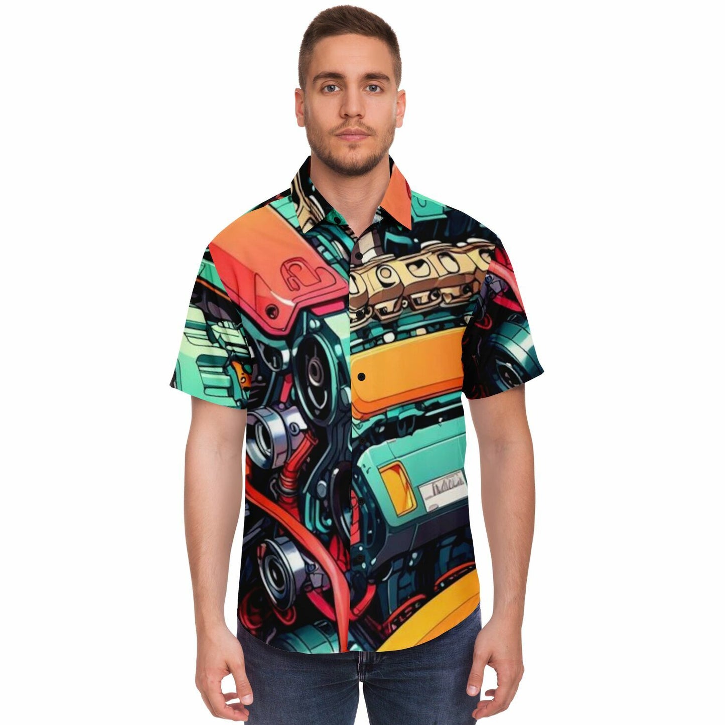 Engine illustration Short Sleeve Button Down Shirt - AOP