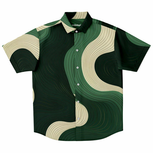 Royal Green Waves Pattern Short Sleeve Button Down Shirt - AOP