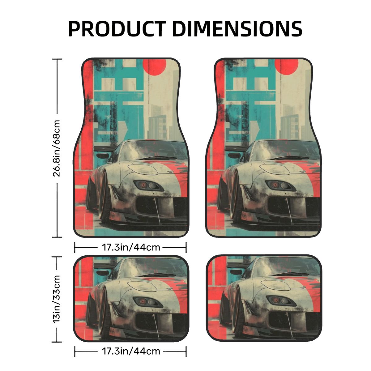 Car floor mats with racing car design and measurements on a white background