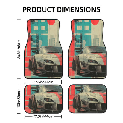 Car floor mats with racing car design and measurements on a white background
