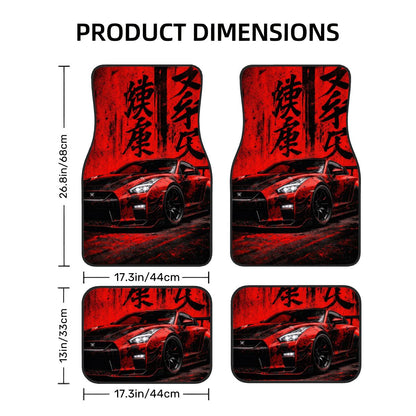 Red and black car floor mats with a sports car design and measurements on a white background.