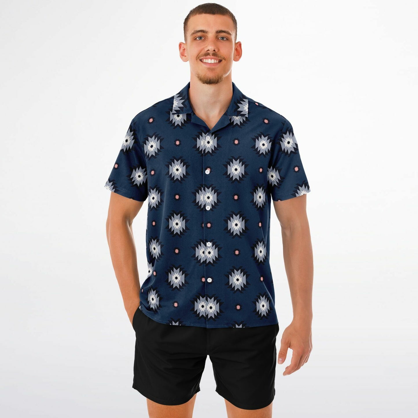 Aztec Pattern Spread Collar Short Sleeve Shirt