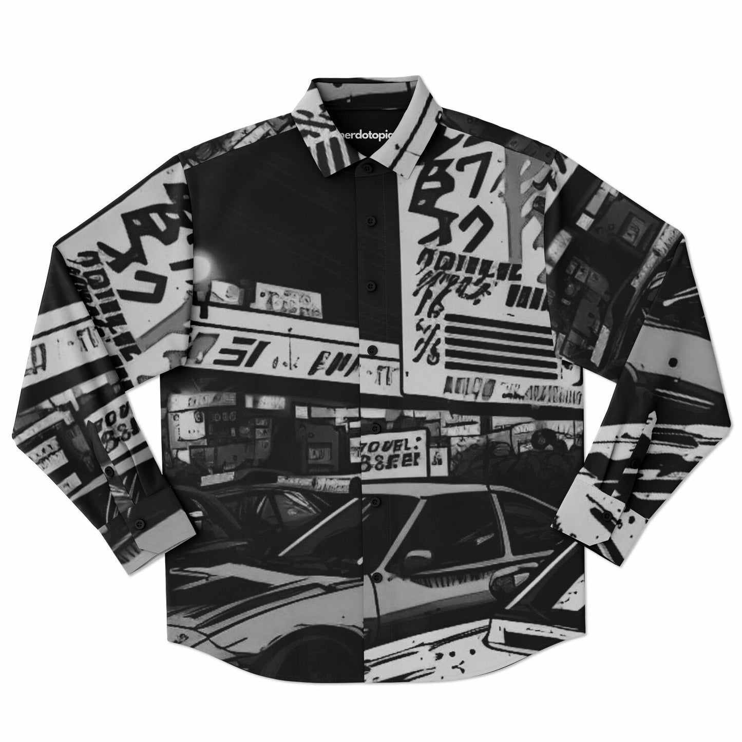 Black and White JDM Art Long Sleeve Button Down Shirt - AOP