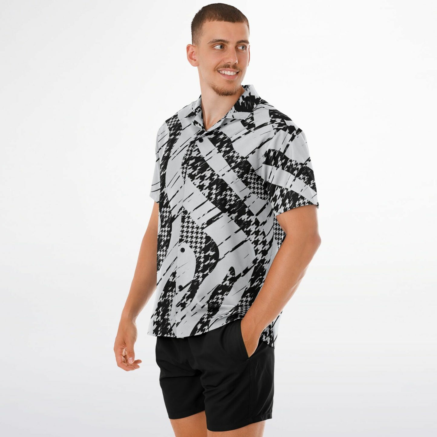 B&W Abstract Spread Collar Short Sleeve Shirt