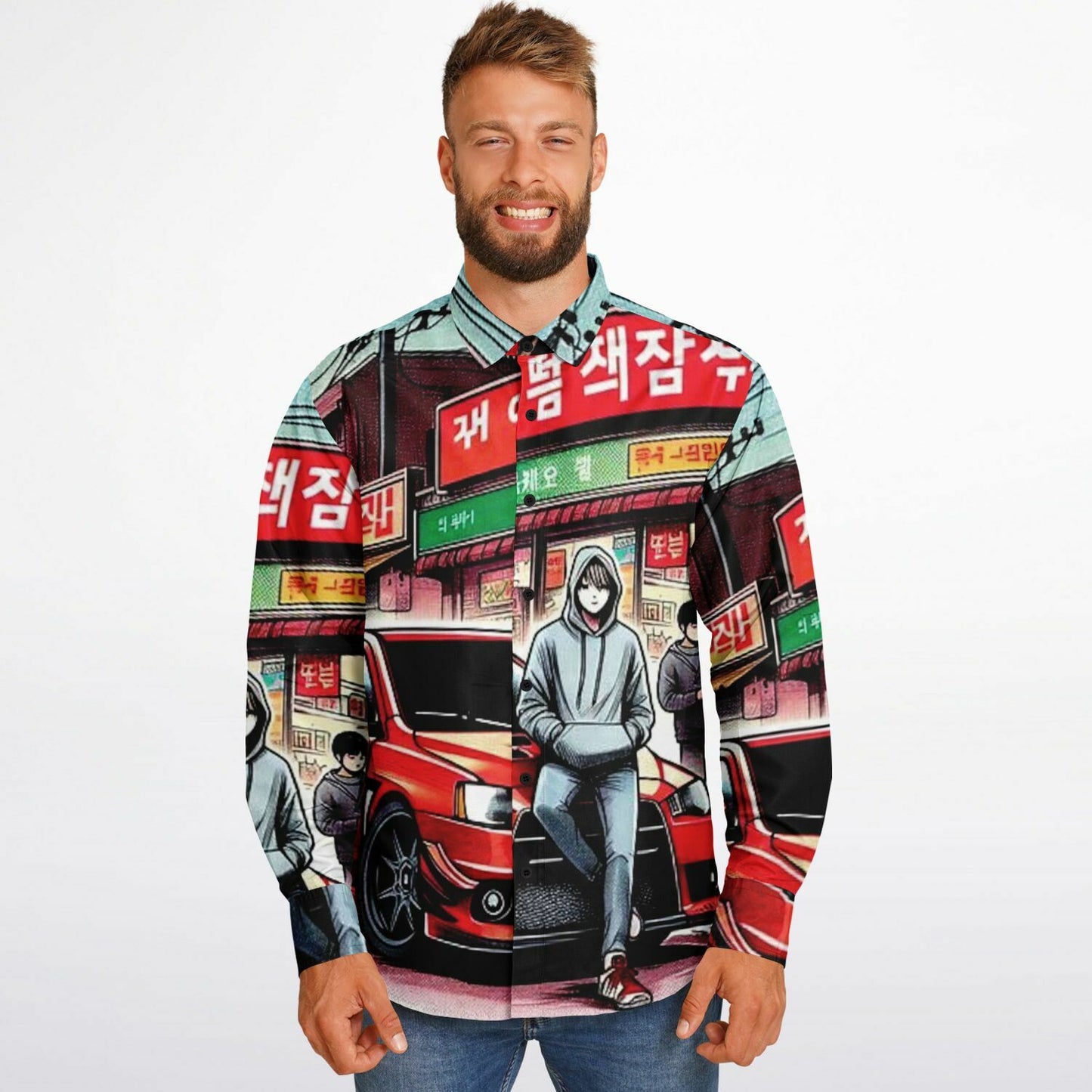 Japanese Street Painting Artwork Long Sleeve Button Down Shirt - AOP