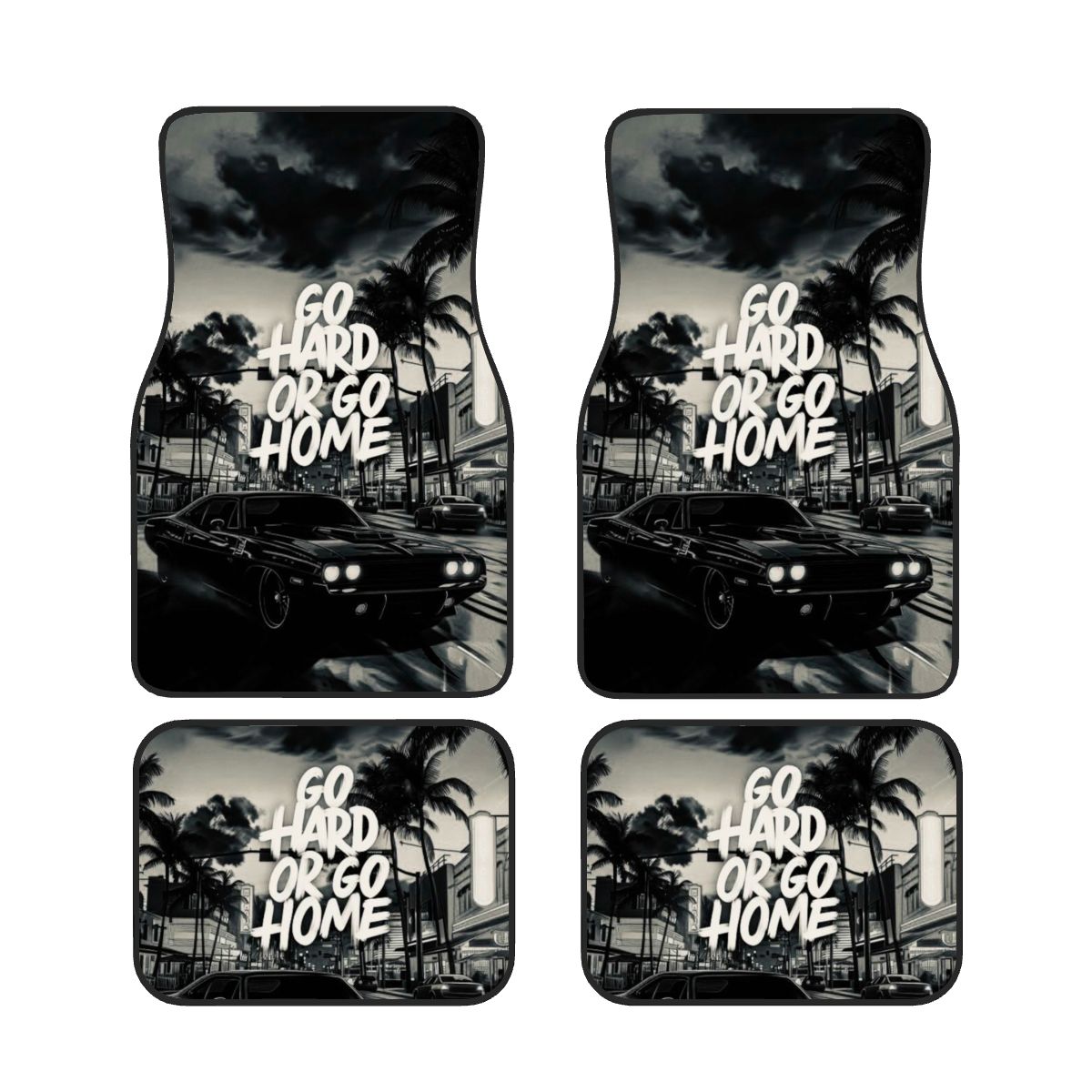 Four car floor mats with a black and white graphic of a car and palm trees, featuring the text 'Go Hard or Go Home'.