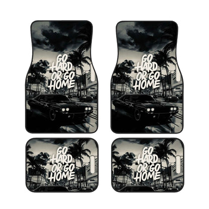 Four car floor mats with a black and white graphic of a car and palm trees, featuring the text 'Go Hard or Go Home'.