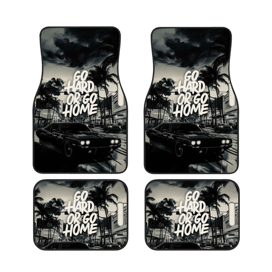 Four car floor mats with a black and white graphic of a car and palm trees, featuring the text 'Go Hard or Go Home'.