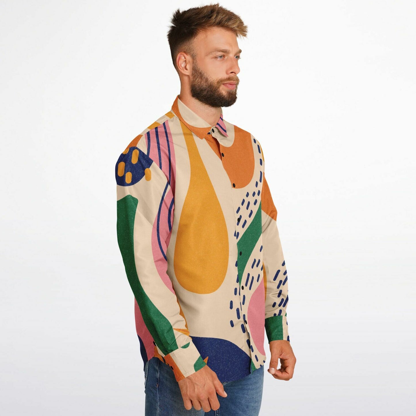 Abstract Artwork Long Sleeve Button Down Shirt - AOP
