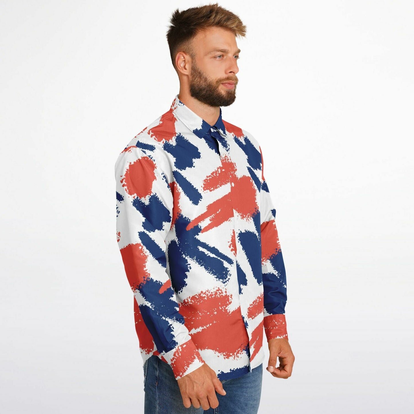 Red and Blue Brushstroke Long Sleeve Button Down Shirt - AOP