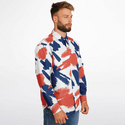 Red and Blue Brushstroke Long Sleeve Button Down Shirt - AOP