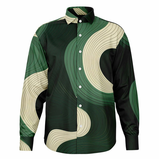 Royal Green Waves Pattern Long Sleeve Button Down Shirt - AOP