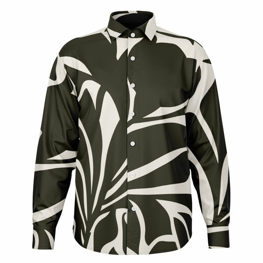 Black and White Leaves Pattern Long Sleeve Button Down Shirt - AOP