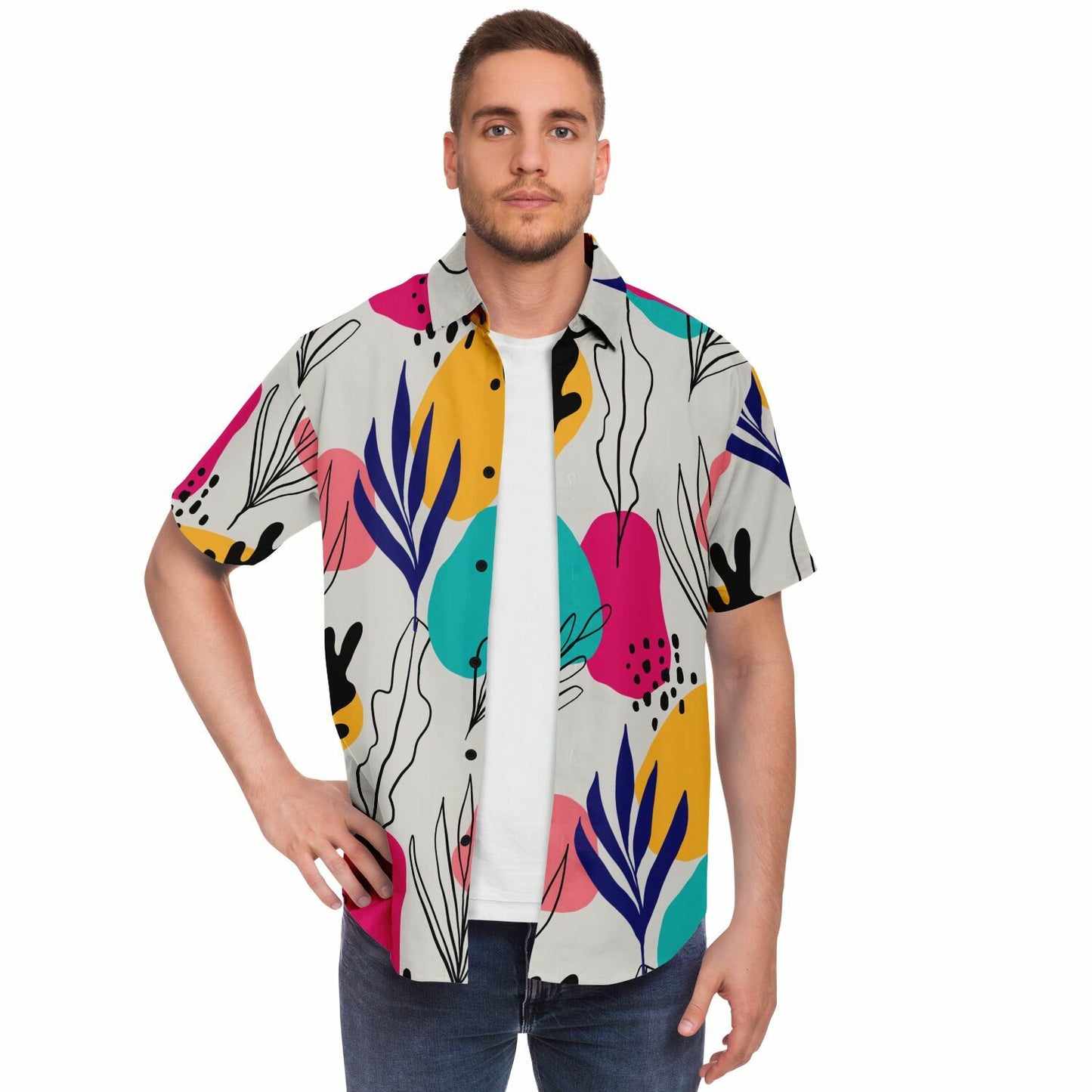Abstract Floral Colored Pattern Short Sleeve Button Down Shirt - AOP