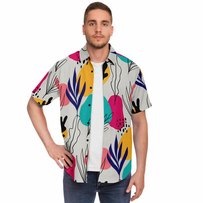 Abstract Floral Colored Pattern Short Sleeve Button Down Shirt - AOP