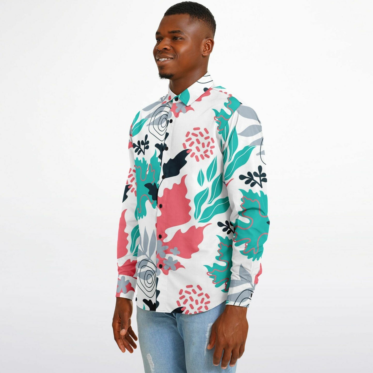 Floral Artwork Long Sleeve Button Down Shirt - AOP