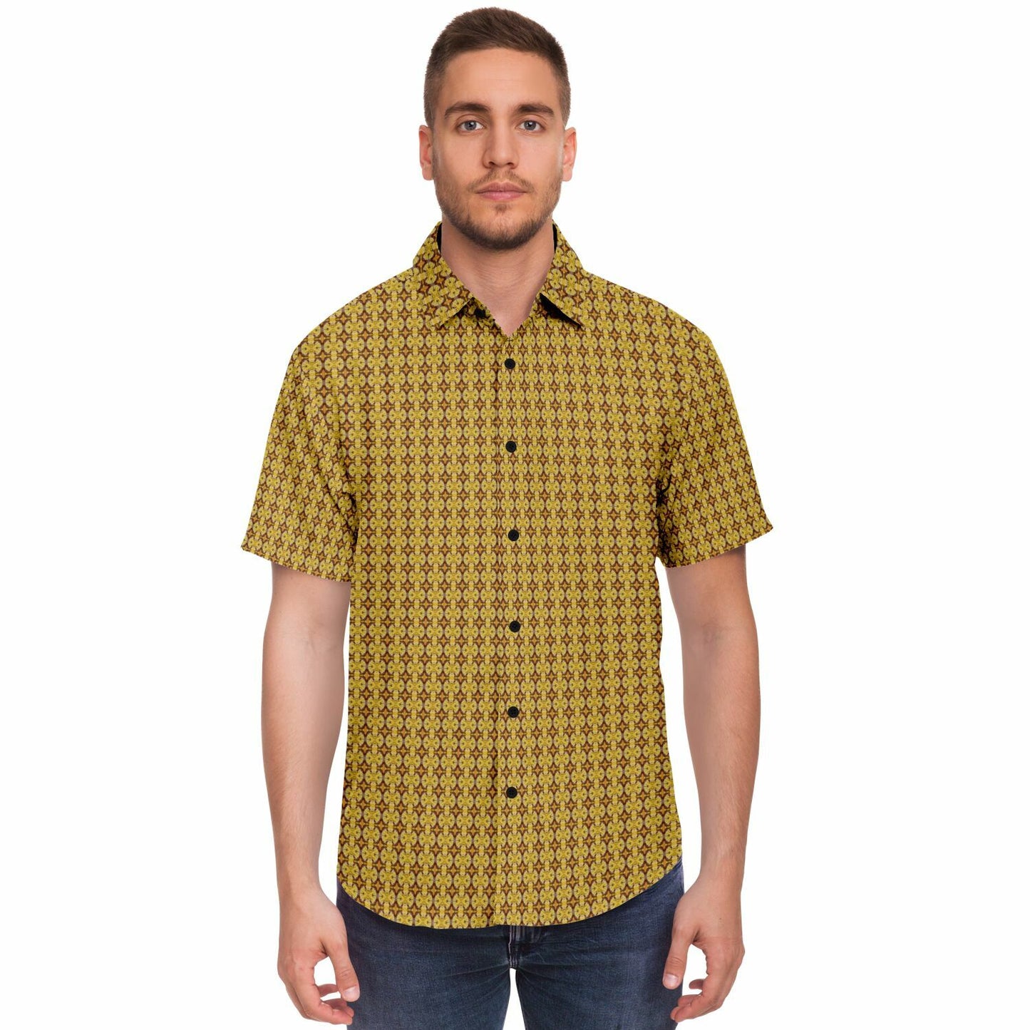 Unique Golden Pattern Short Sleeve Button Down Shirt - AOP