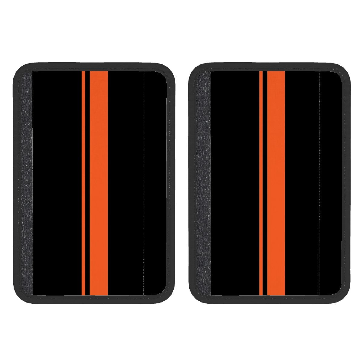 Two black neoprene seat belt cover pads with orange stripes on each side